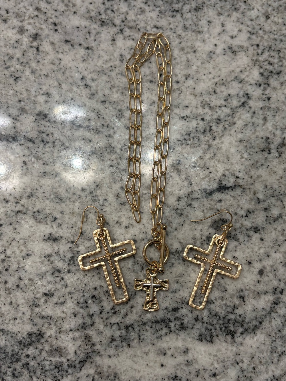 Gold Cross Pendant Necklace and Earrings Set